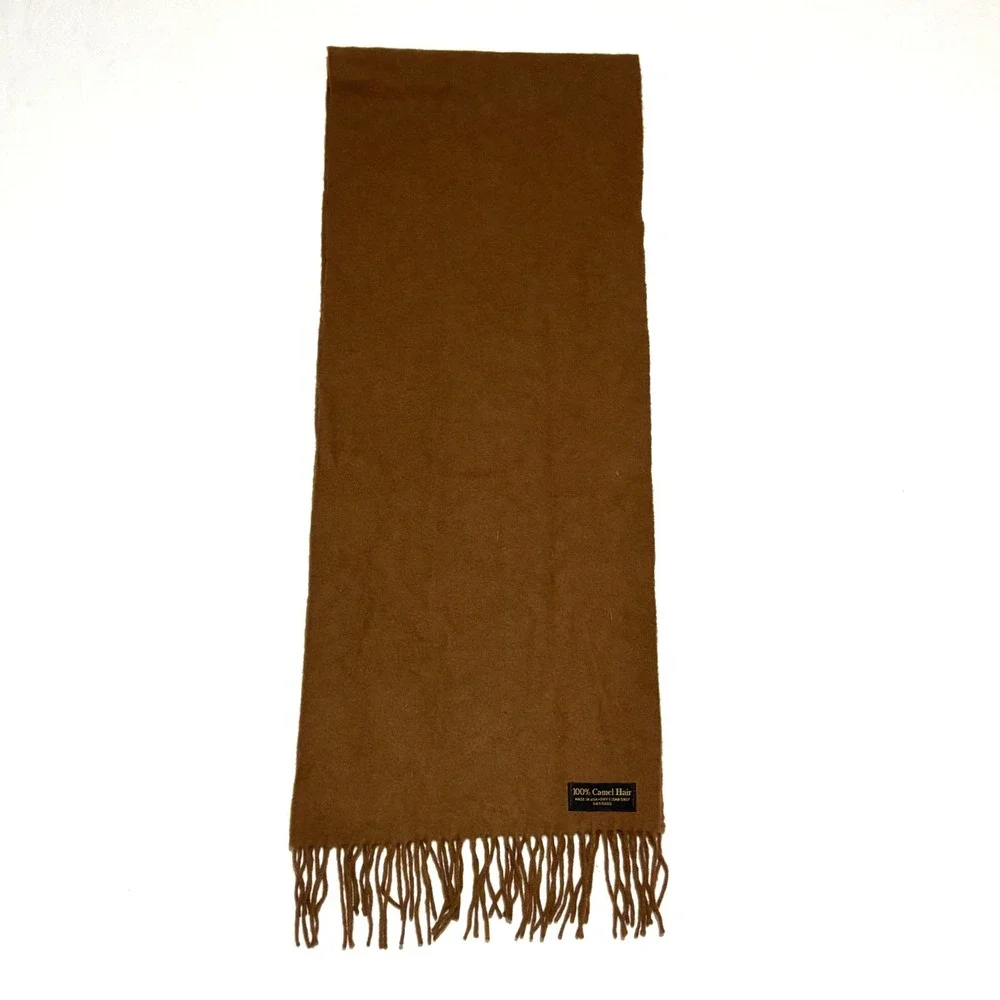 Vtg Camel Hair Scarf Unisex OS Brown Fringe Made in USA Luxury Minimalist Soft
